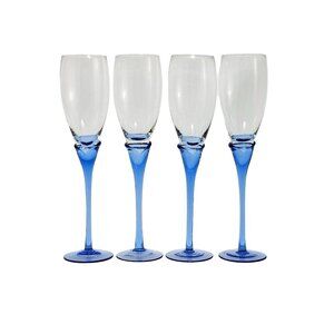 4 Colony Amaryllis Blue Champagne Flutes Glass crystal color long stem vtg 1980